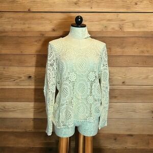 Solitaire Boho Ivory Crochet Lace Long Sleeve Top Cotton Boho Blouse Sz M